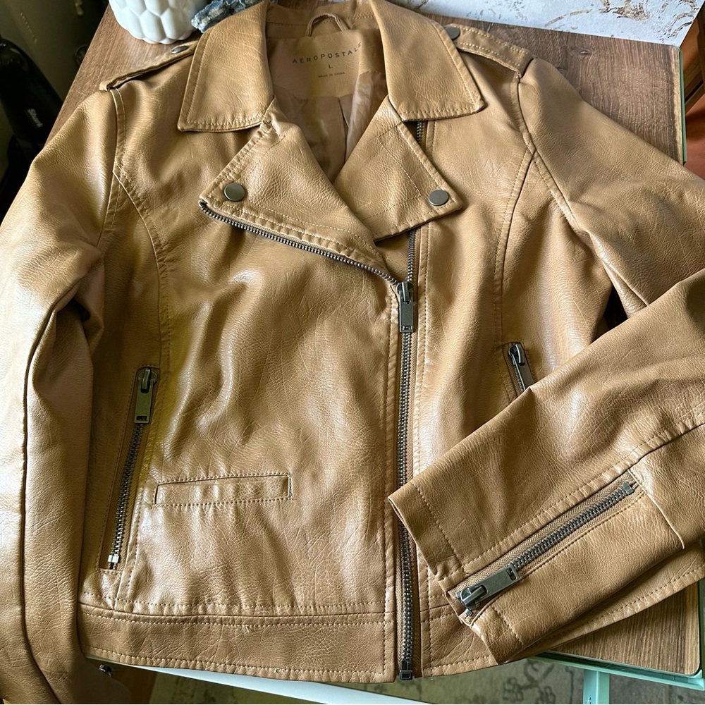 Aeropostale Tan Leather Jacket Biker Style